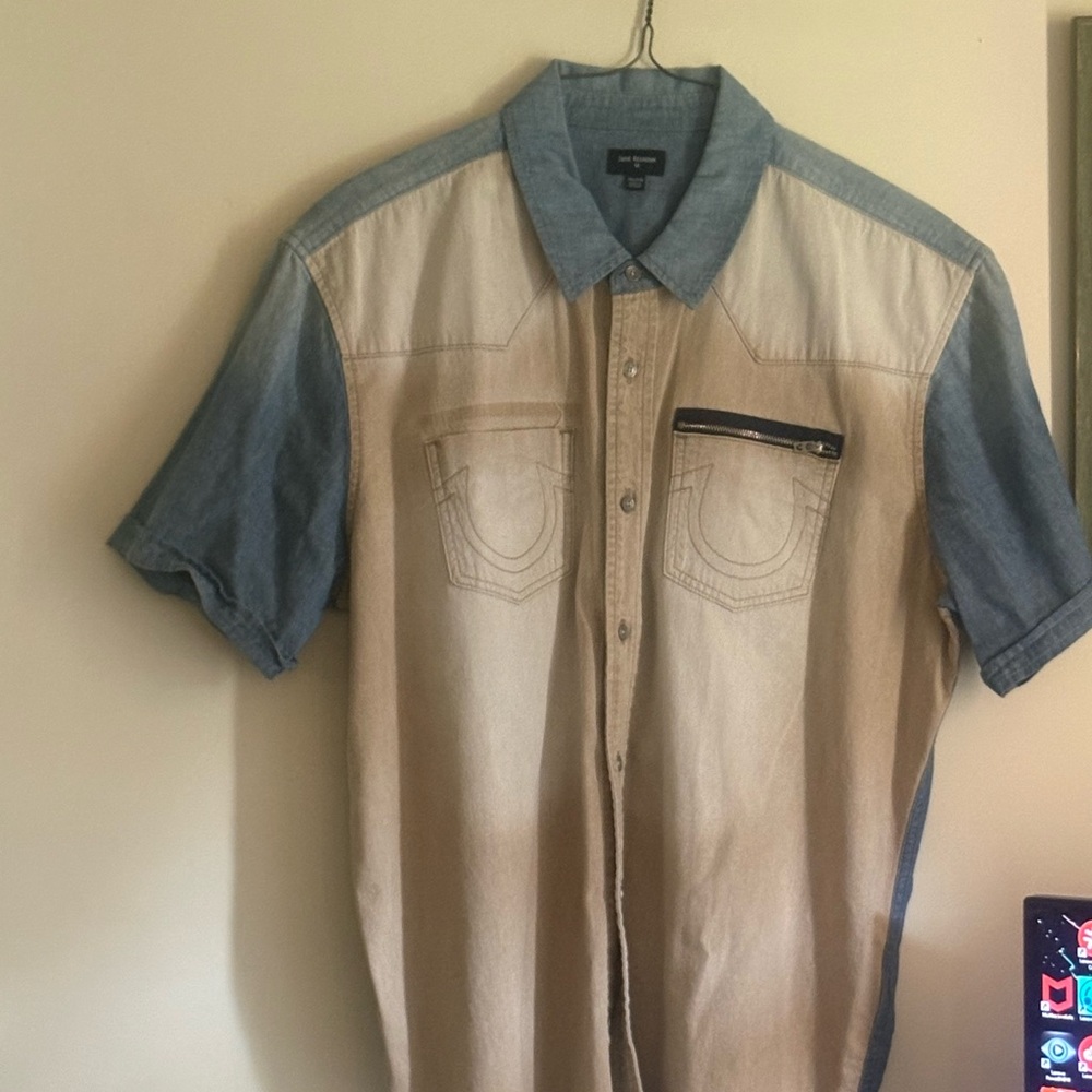 True Religion Beige and Blue Casual Button Down Shirt